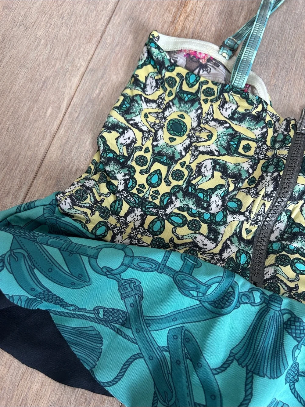 Maaji ruffle Teal, Yellow, Black Patterned Swim Tankini Top size M reversible